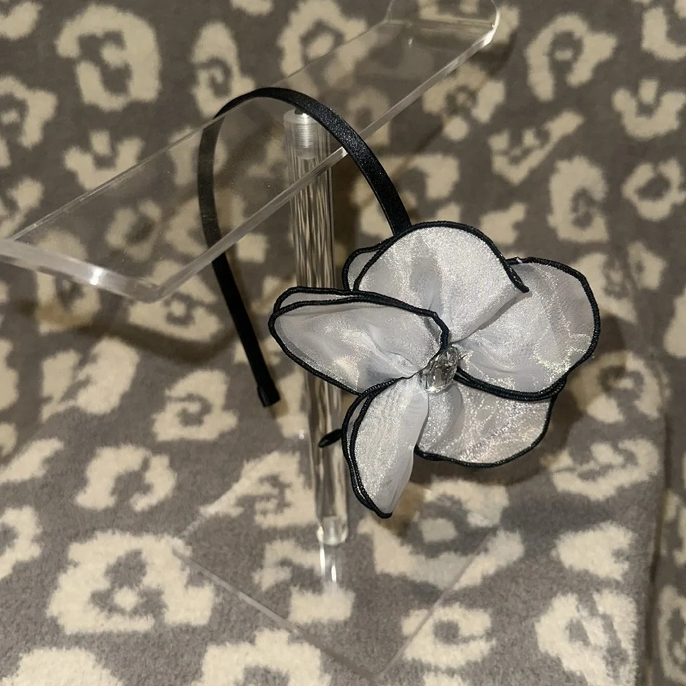 Tasha Black Band with Elegant Sheer White Flower with Clear Rhinestone Headband - Picture 10 of 17
